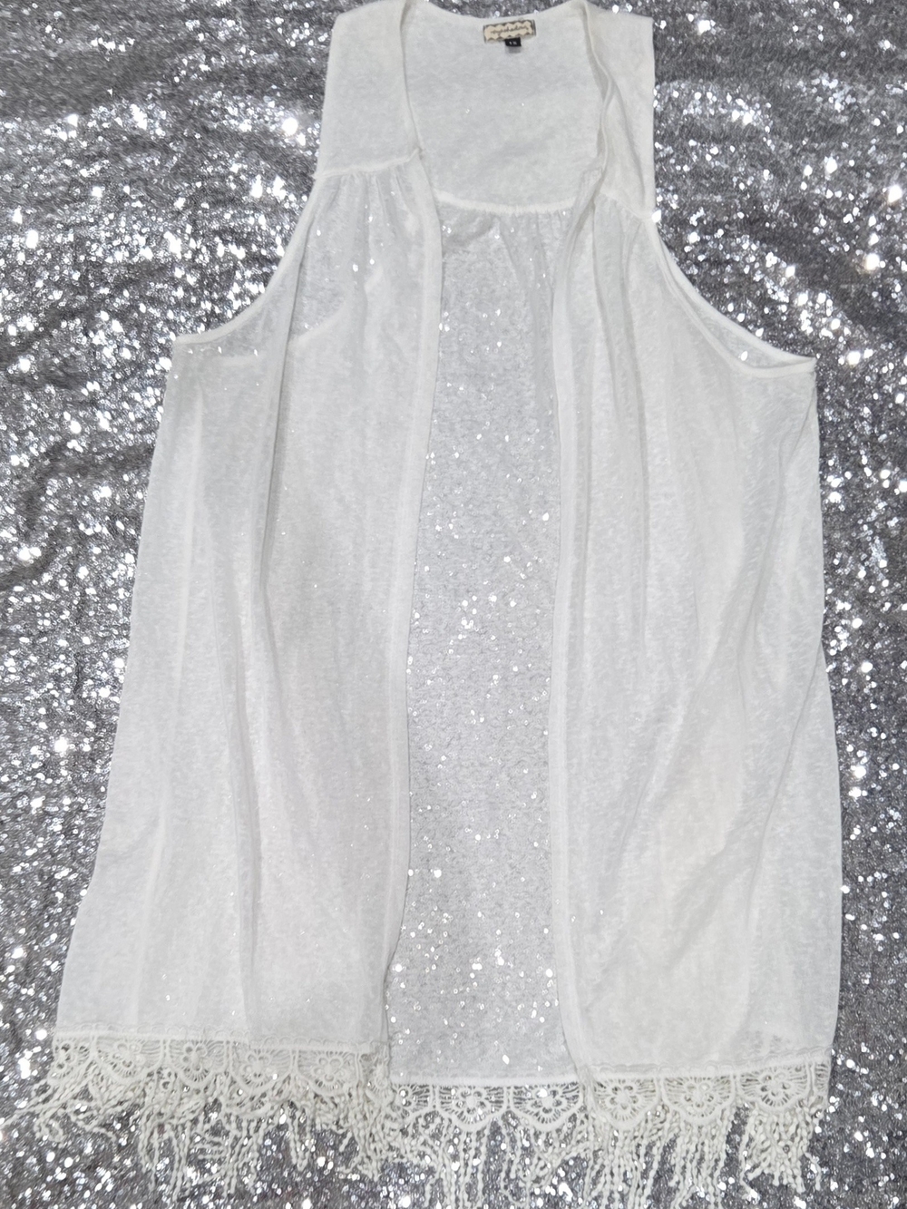 Eyeshadow White Lace-Trim Open Front Vest